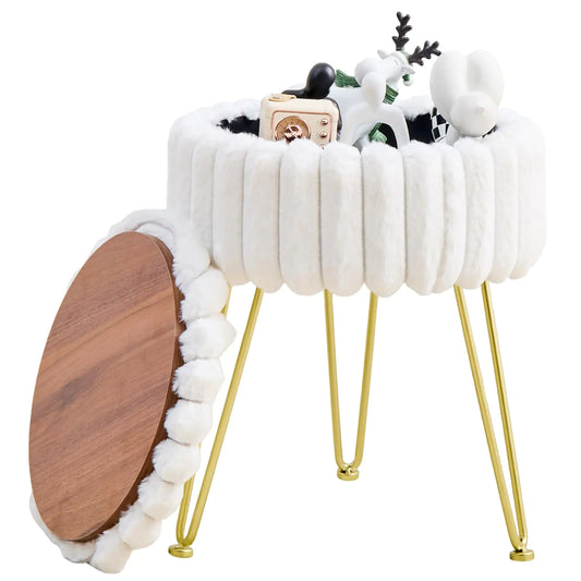 Wimarsbon Round Storage Ottoman Modern Vanity Stool with Metal Legs Faux Fur Upholstery Cushioned Footstool for Extra Seating Small Side Table Footrest Stool Easy Assembly (White)