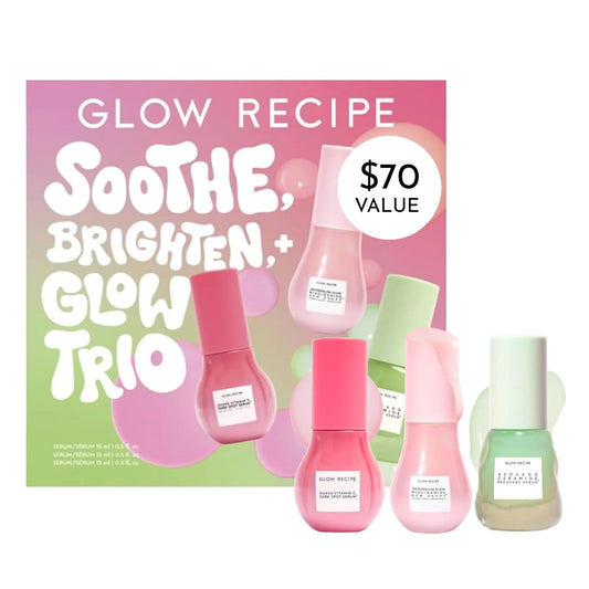 Glow Recipe Soothe Glow & Bright Gift Set - Holiday Skincare Set with Niacinamide Dew Drops Face Serum + Avocado Ceramide Facial Serum + Guava Dark Spot Serum - Korean Skincare Travel Kit (3 Count)