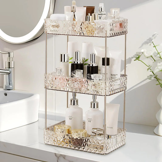 Makeup Organizer for VanityBathroom Countertop Skincare OrganizerMakeup Counter Shelf Perfume Holder RackCosmetic Display Case (Clear3 Tier)