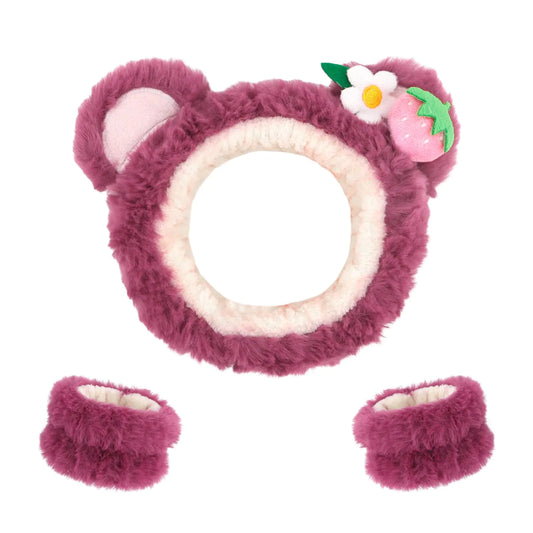 CAVETEE 3 Piece Pink Bear Ears Headband Set - Elastic Headband Wristband for Women Girls Wash Face Skincare Shower